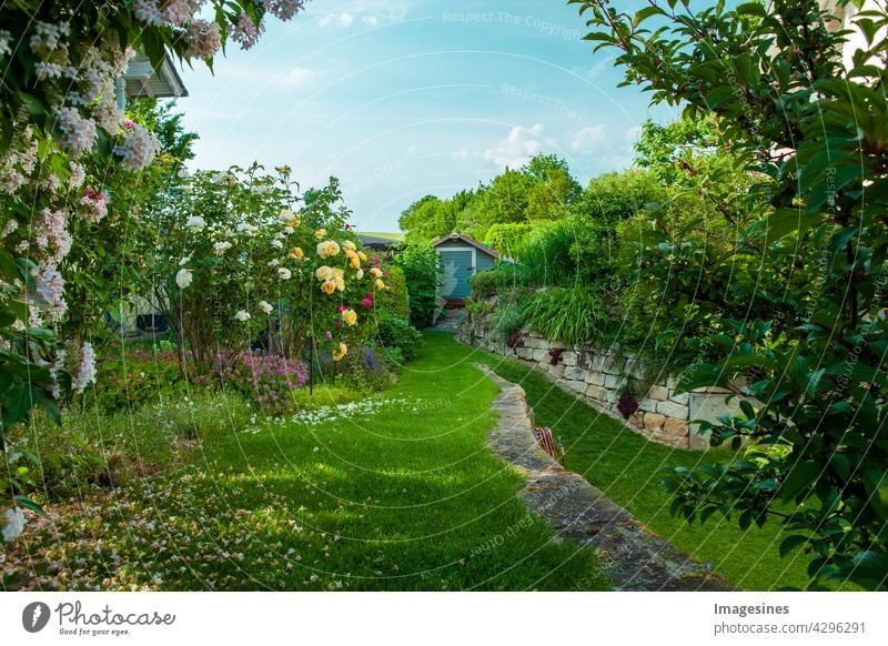 Wohngarten, privater Garten. Schöne Landschaftsgestaltung im Sommer. Hausgarten in voller Blüte mit Blumenbeet. schön Schönheit in der Natur botanisch Gebäude