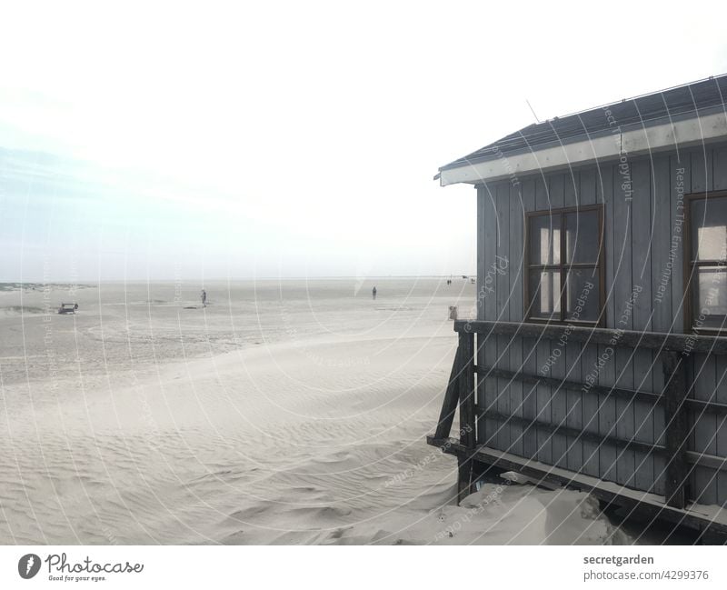 Strand in Sicht. Muster klein Menschen Strandhaus Horizont Gebäude Strandspaziergang Wellen Schönes Wetter Tag Freiheit Sommer Tourismus Ausflug Außenaufnahme