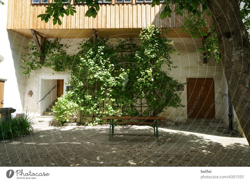 Schattiger Ruhe Platz in einem alten Landhaus mit Balkon und mit Wein bewachsene Fassade Holztisch Weintrauben rustikal Schatten kühl Feierabend Zufriedenheit