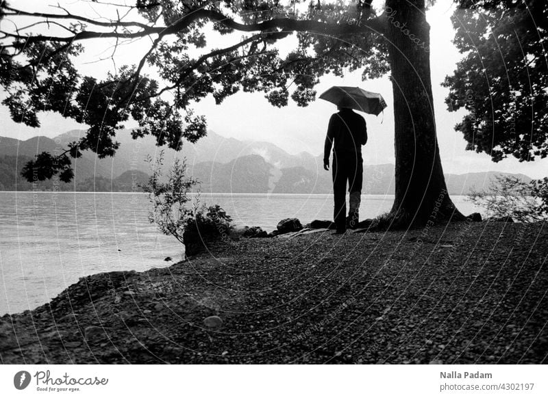 Person mit Regenschirm am See in den Bergen analog Analogfoto sw Schwarzweißfoto schwarzweiß Außenaufnahme Wasser Baum Natur Einsamkeit allein nass grau