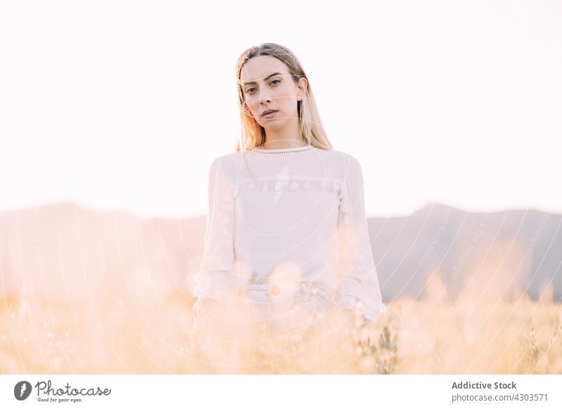 Nachdenkliche Frau im weißen Kleid auf einem sonnigen Feld auf dem Land Gras Sonnenuntergang weißes Kleid romantisch Harmonie Landschaft Freiheit Saison Angebot