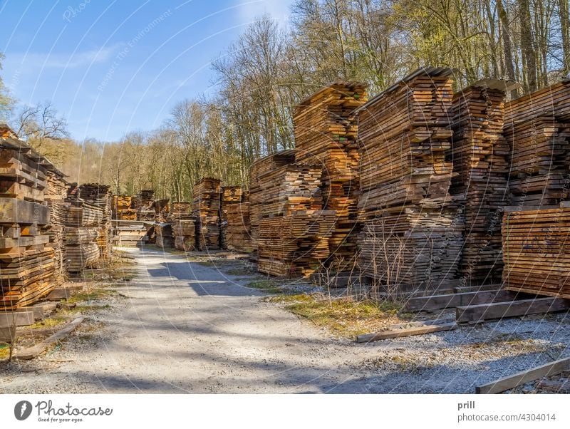 gestapelte Holzbretter Tafeln hölzern Stapel Nutzholz Bretter Haufen sonnig Sägewerk industriell aufgeschnitten Flitschen beschnitten Trocknung Holzplatz