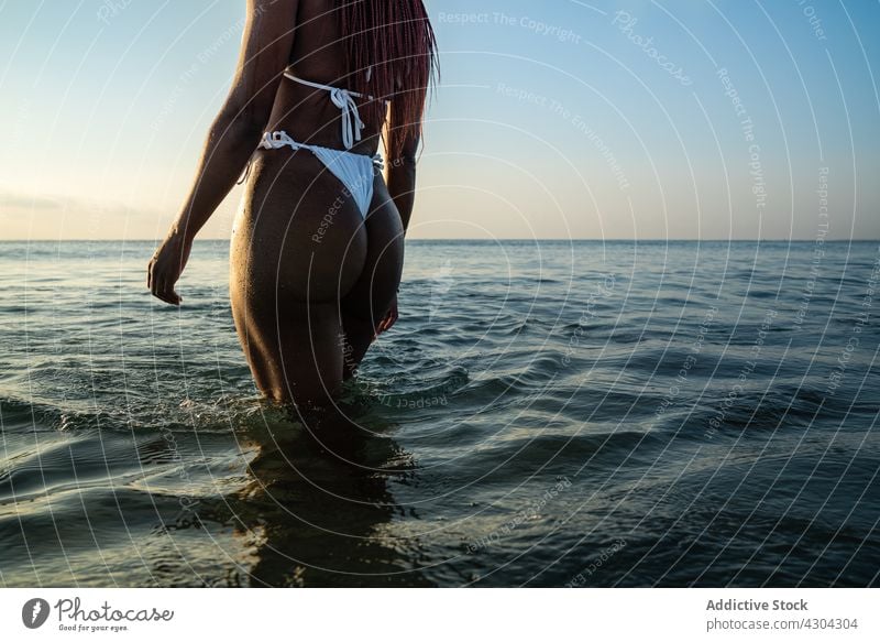 Schwarze Frau mit Zöpfen am Strand Bikini Sommer schwarz Afrikanisch Urlaub Zopf schön MEER jung Porträt Glück attraktiv Person Feiertag Afro-Look Hintergrund