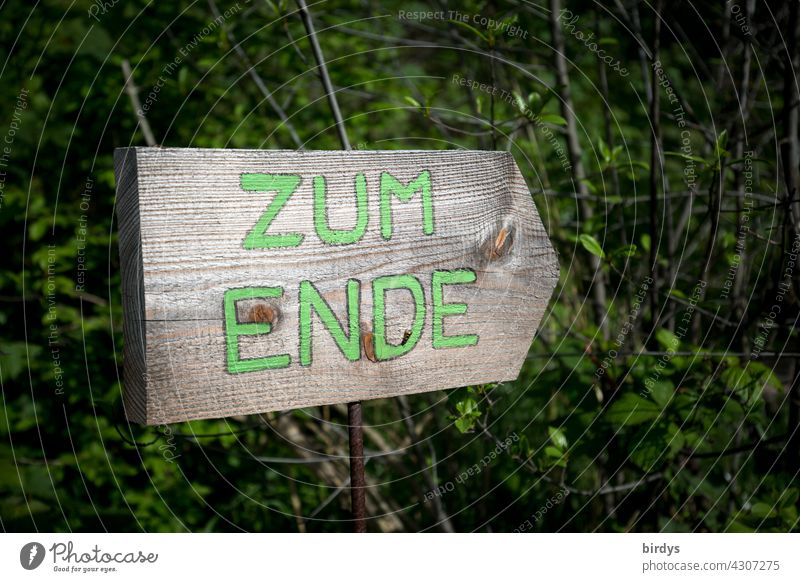 richtungsweisender Holz - Pfeil Richtung Ende. Zum Ende zum Ende Endpunkt Wegweiser Schriftzeichen Orientierung Schluss Symbolbild Holzschild Wege & Pfade