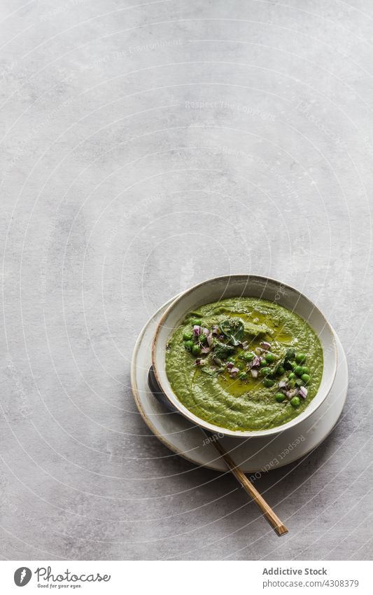 Vegane Erbsencreme Sahne Gesundheit Suppe Abendessen grün Vegetarier Schalen & Schüsseln Gemüse Mahlzeit Lebensmittel Diät Küche Mittagessen frisch Amuse-Gueule