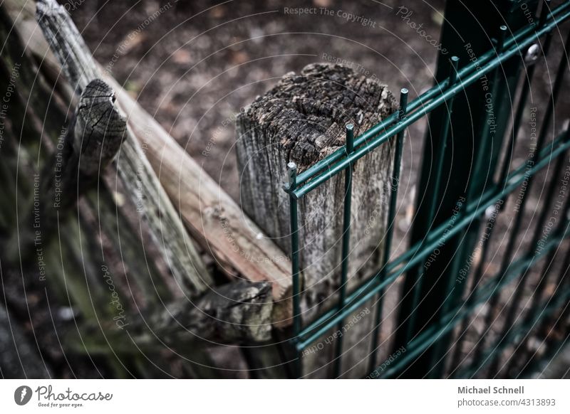 Zwei unterschiedliche Zäune treffen sich unterschiede Architektur Strukturen & Formen Ecke Verschiedenheit verschieden Holz Metall Metallzaun Holzzaun different