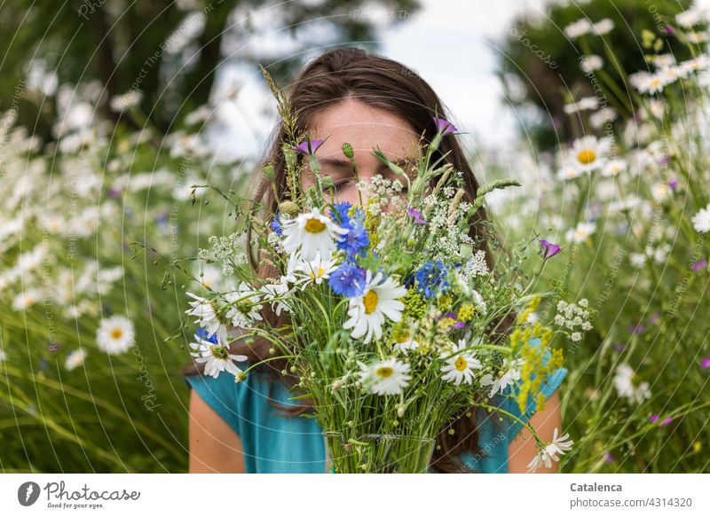 Junge Frau verdeckt ihr Gesicht mit einem Strauß Wiesenblumen Weiß Blau Grün Tageslicht Baum Sommer Himmel Gras Kornblumen Margariten Blumenstrauß blühen