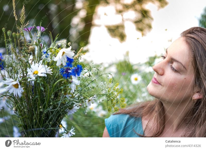 Die junge Frau hält einen Strauß Wiesenblumen, im Hintergrund eine Blumenwiese Natur Flora Person weiblich brünett blauäugig schauen Pflanze Blüte duften