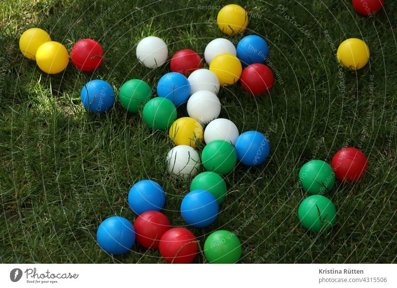 bunte bälle auf dem rasen bällebad spielbälle hundespielzeug gras spielwiese garten draußen spielen lernen erleben erfahren kennenlernen prägen welpenschule