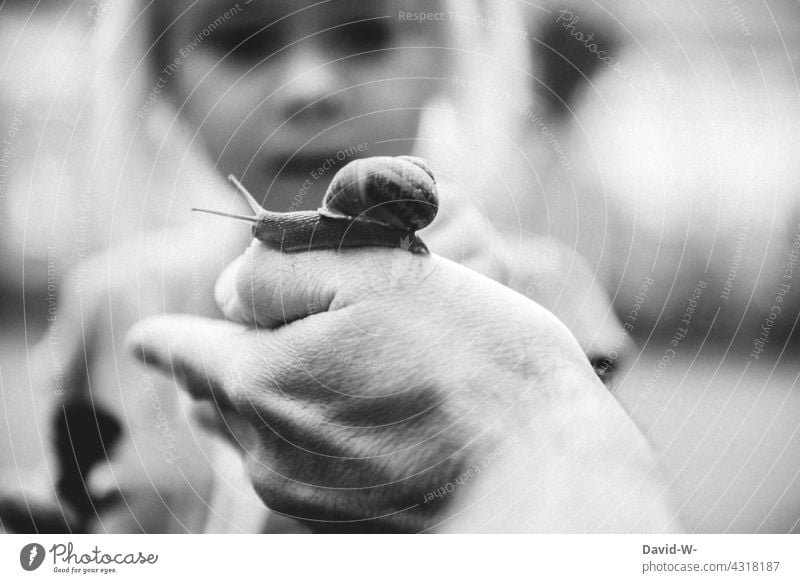 Vater erklärt Kind die Natur Schnecke zeigen beobachten erklären interessiert Tochter Hand Eltern Spannung Kindererziehung staunen