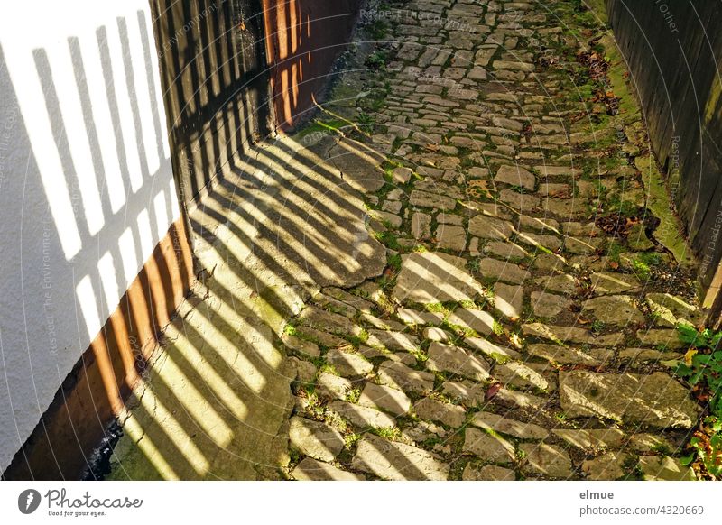 Auf den alten Kopfsteinpflasterweg fällt der Schatten des Holzlattenzaunes Pflastersteinweg Pflastersteine Weg Holzzaun geheim geheimnisvoll Zaun Gartenzaun