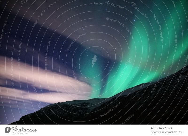 Spektakuläre Nordlichter in Tromso Aurora Kattfjorden Insel Kvalya Region Norwegen Winter Nacht borealis Landschaft Island Norden Raum Himmel nördlich