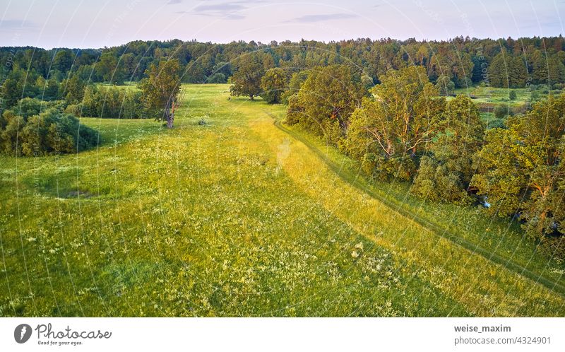 Eichen Sommer sonnige Landschaft. Malerische Landschaft Felder. Warmes Abendlicht. grüne Wiesen, schönen Sonnenuntergang Fluss Natur Baum Antenne Wald Wasser