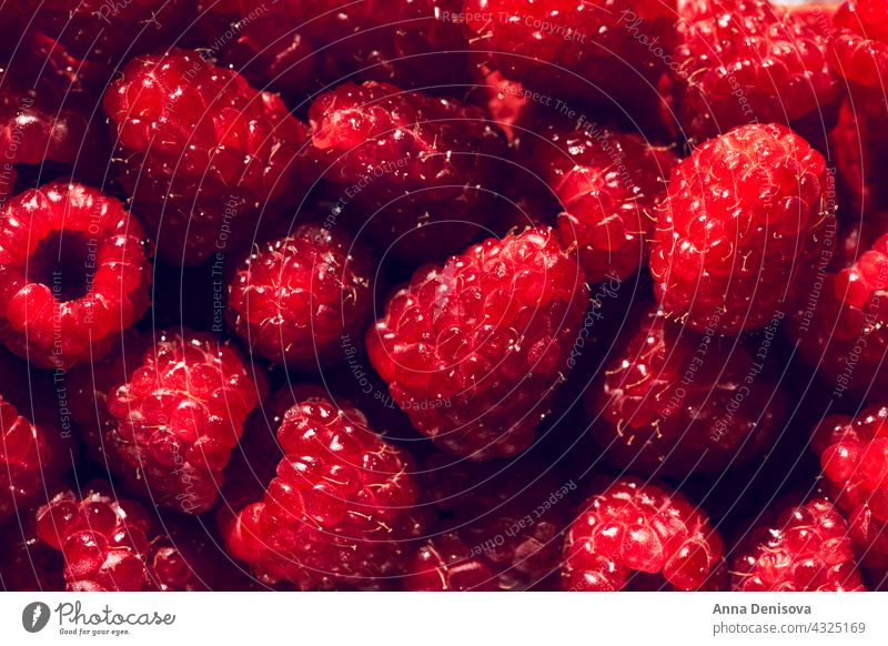 Makro von frischen Himbeeren Beeren Sommer reif lecker Ernährung geschmackvoll Lebensmittel-Flatlay Diät rot süß nahrhaft Garten Draufsicht flache Verlegung