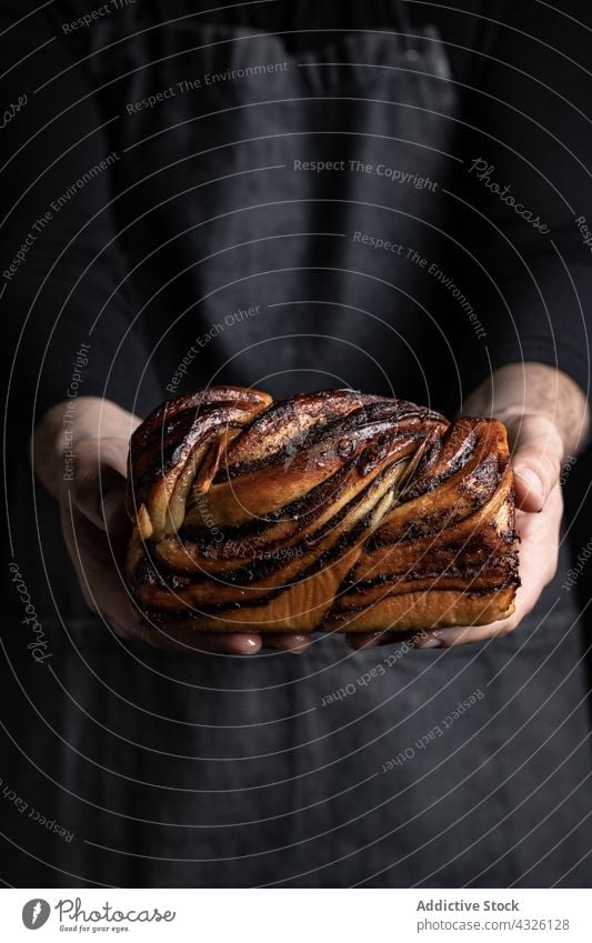 Männlicher Koch mit leckerem Babka-Kuchen babka Dessert Mann selbstgemacht Schokolade Bäckerei süß männlich Schürze Gebäck Küche Bestandteil kulinarisch Rezept