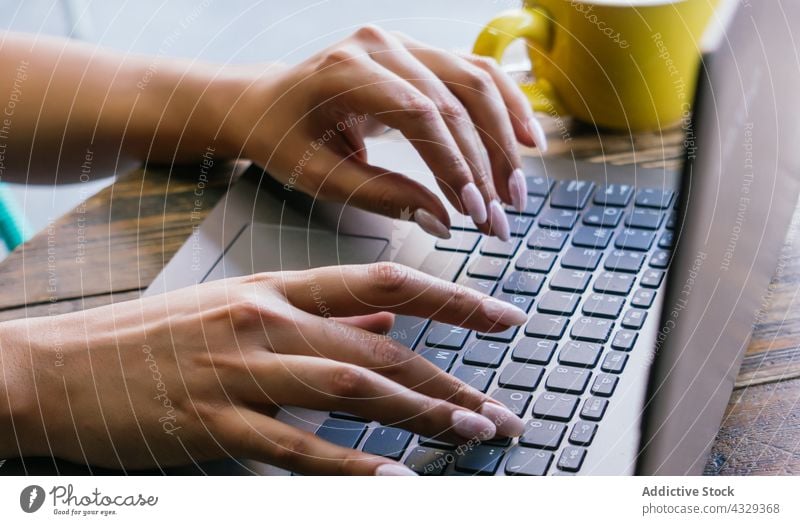 Anonyme Frau mit Kaffee und Laptop auf der Terrasse benutzend freiberuflich Glück abgelegen online jung ethnisch hispanisch Arbeit Browsen Tippen Apparatur