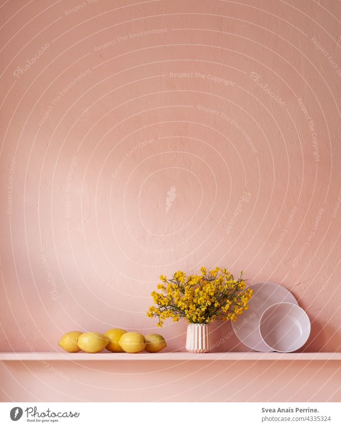 Rosa Gelb wohnen Frühstück Stillleben Zitrone Blumenstrauß rosa gelb Teller Schüssel Vase Wohnung Wand zart natürliches Licht Design Innenaufnahme