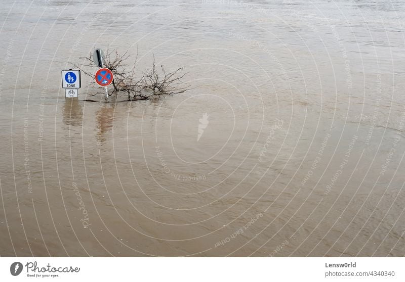 Extremwetter: Straßenschilder in einer überfluteten Fußgängerzone in Köln, Deutschland Klima Klimawandel Desaster fluten überflutete Straße