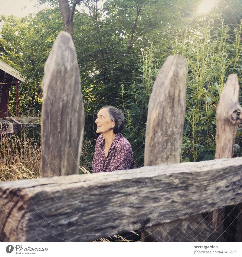 [PARKTOUR HH 2021] Die nette Nachbarin von nebenan Garten Zaun Frau kurzhaarig hocken Gartenarbeit Natur Naturliebe Holz grün Spaß Außenaufnahme Pflanze