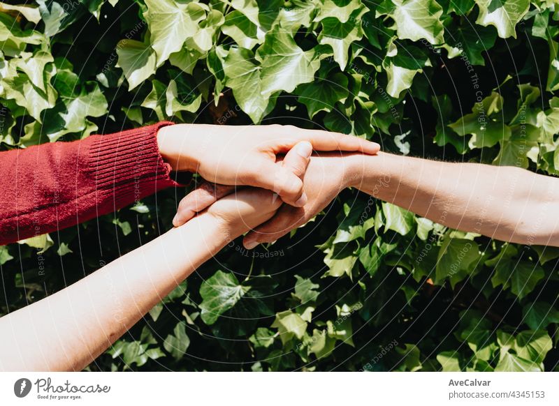 Eine Hand hält die andere Hand im Konzept der psychischen Gesundheit anhänglich Unterstützung Körperpflege Gemeinschaft Freundschaft Geben Großmutter Großeltern