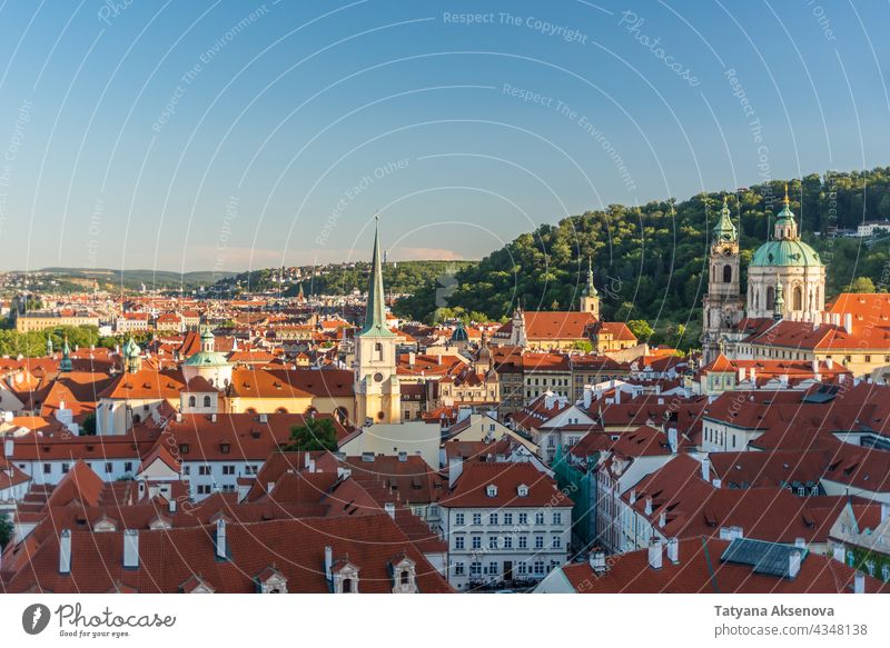 Blick auf die roten Dächer Prags Dach Großstadt Architektur Stadt Gebäude Tschechen alt reisen Ansicht Haus Panorama Kapital urban Wahrzeichen Straße berühmt