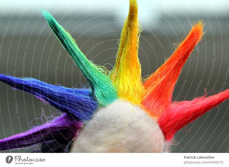 Regenbogenstacheln mann kopf csd lgbt regenbogen liebe punker kopfschmuck krone haare jung andersartig protest regenbogenfarben bunt detail detailaufnahme arm