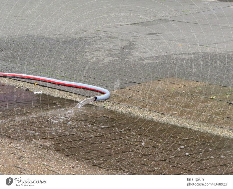 Wasserschaden Wasserschlauch Bürgersteig Schlauch Gartenschlauch Außenaufnahme nass abpumpen Menschenleer Rinnstein Schaden Überschwemmung Farbfoto Tag sprudeln