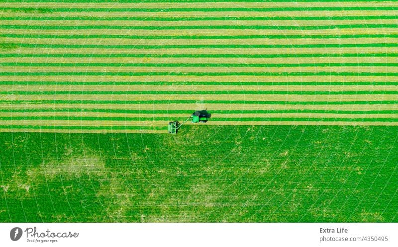 Luftaufnahme eines Traktors als Schleppmaschine für Rasenmäher hinter oben Antenne Ackerbau Luzerne beigefügt Schermaschine Klee Ernte geschnitten Kutter Ziehen