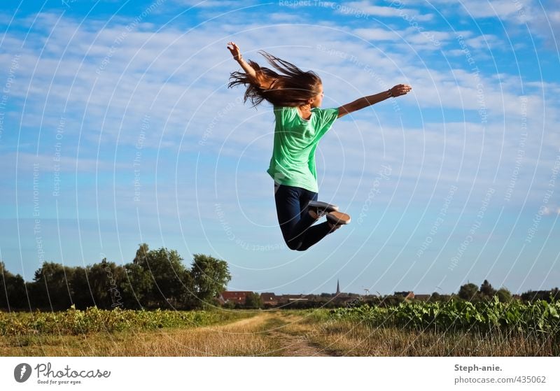 Up feminin Junge Frau Jugendliche 1 Mensch Erde Himmel Wolken Sommer Schönes Wetter Gras Feld T-Shirt Jeanshose langhaarig genießen springen frei Fröhlichkeit