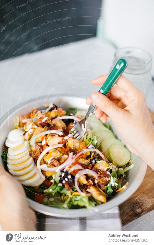 Person, die Cobb-Salat mit einer Gabel isst Amerikaner Amuse-Gueule Avocado Hintergrund Speck blau Blauschimmelkäse gekocht Brust Brunch Käse Hähnchen gehackt