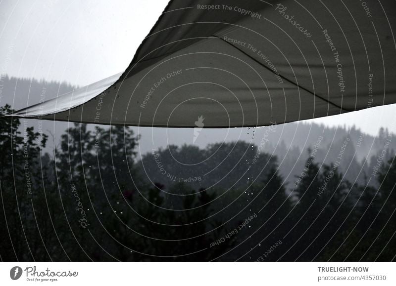 Sommer Regen und Nebel - der Fotografierer sitzt unter einem Sonnensegel auf der Veranda, Regentropfen fallen seitlich herab und der Blick geht weiter zu den Bäumen des Anwesens und dahinter der bewaldete Hausberg des Ortes