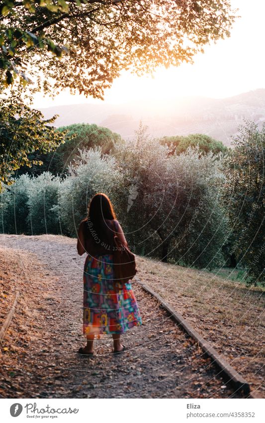 Rückansicht einer Frau mit buntem Rock in der Natur bei abendlichem Gegenlicht Abendsonne Abendlicht Sonnenlicht Aussicht Bäume Landschaft leuchtend Sommer