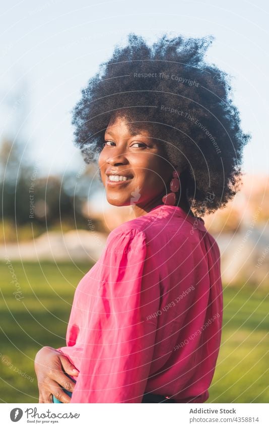 Fröhliche schwarze Frau mit Afrofrisur steht im Park Afro-Look Frisur charmant heiter Lächeln Sommer Schönheit natürlich Afroamerikaner ethnisch sonnig