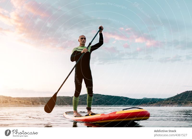 Mann schwimmt auf Paddleboard im Meer Surfer Paddelbrett Zusatzplatine Schwimmer MEER Sonnenuntergang Sommer Holzplatte männlich Wasser Aktivität Abend Urlaub