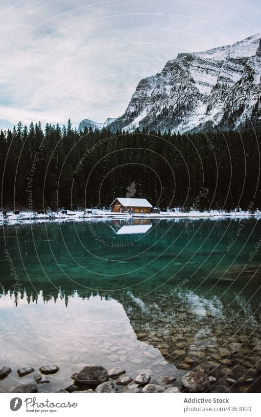 Haus am Seeufer an einem Wintertag Ufer Wald Berge u. Gebirge Schnee Natur nadelhaltig kalt Lake Luise Alberta Kanada Banff National Park Landschaft Kabine