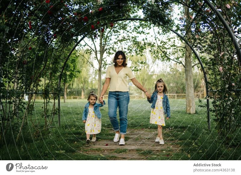 Mutter mit kleinen Geschwistern beim Spaziergang im Park Kind Zusammensein Liebe Glück Tochter Sommer Geschwisterkind Händchenhalten ähnlich niedlich Mama