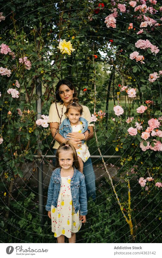 Liebevolle Mutter mit kleinen Töchtern im blühenden Park Tochter Blume Glück Kind Zusammensein Sommer Geschwisterkind Lächeln Blütezeit niedlich Mama Garten