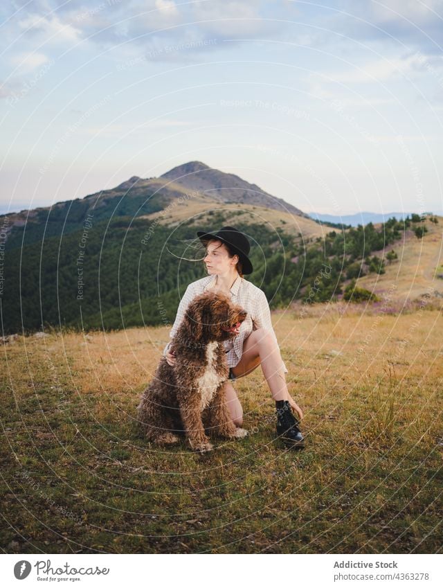 Frau mit flauschigem Hund auf einer Wiese Labradoodle Freund Tier Haustier Besitzer Eckzahn Berge u. Gebirge Zusammensein loyal züchten Natur Begleiter