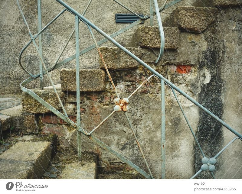 Hintertreppe Treppengeländer alt Kostbarkeit historisch Menschenleer Metall Wand Mauer Stein Farbfoto Strukturen & Formen Detailaufnahme Gedeckte Farben