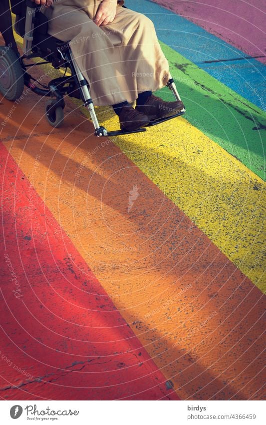 Rollstuhlfahrer auf einem regenbogenfarbenen Zebrastreifen Gesellschaft körperliche Beeinträchtigung Behinderung Mobilität Handicap Gesundheit Pflege Diversität