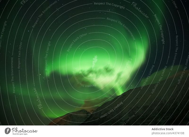 Spektakuläre Nordlichter in Tromso Aurora Kattfjorden Insel Kvalya Region Norwegen Winter Nacht borealis Landschaft Island Norden Raum Himmel nördlich