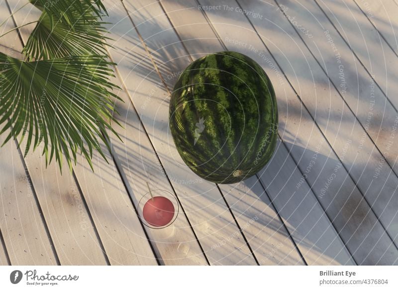 Wassermelone auf weißen Brettern im Abendsonnenlicht Dekoration & Verzierung Konzept oben Früchte hölzern Sommerzeit Garten Holz roh Natur tropisch Melonen