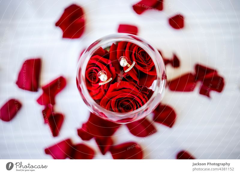 Eleganter Ohrring im Glas mit Rosen und Rosenblättern Diamanten Ohrringe Perle Blume Blütenblatt Roséwein Zubehör Glanz Glitter klein Liebe retro Glamour