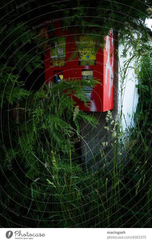 Alter Kaugummiautomat Automat Außenaufnahme Süßwaren Nostalgie retro Erinnerung rot früher Menschenleer kaputt überwuchert zugewachsen schäbig lost place