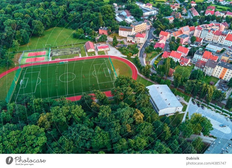 Fußballstadion, Luftaufnahme Stadion Feld Sport Laufband Gras Boden Textur Hintergrund Rasen grün Spiel Top Ansicht Gericht Linie Muster Spielplatz Tor