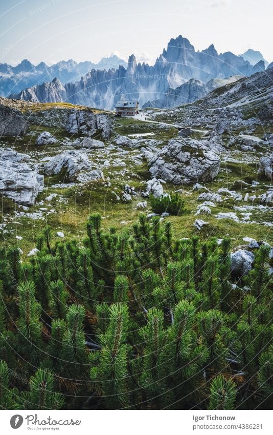 Rifugio Lavaredo und di Cadini Berge im Hintergrund, Sextner Dolomiten, Trentino, Südtirol, Südtirol, Italien auronzo Süden cadini lavaredo sesto Cadore