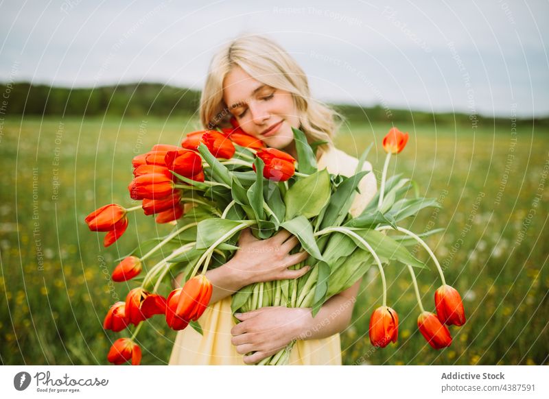 Sanfte Frau mit einem Strauß roter Tulpen auf einem Feld Blume Blumenstrauß Sommer Haufen Wiese Angebot Lächeln Inhalt Blütezeit romantisch jung Natur