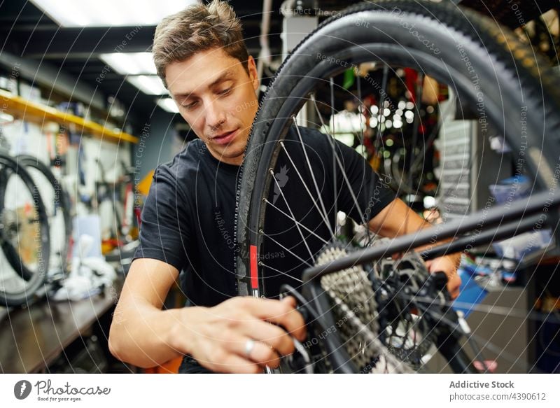 Mann repariert Fahrradrad in der Garage Techniker Reparatur befestigen Rad professionell Arbeit Dienst männlich Erwachsener Fahrradfahren Mechaniker Werkstatt