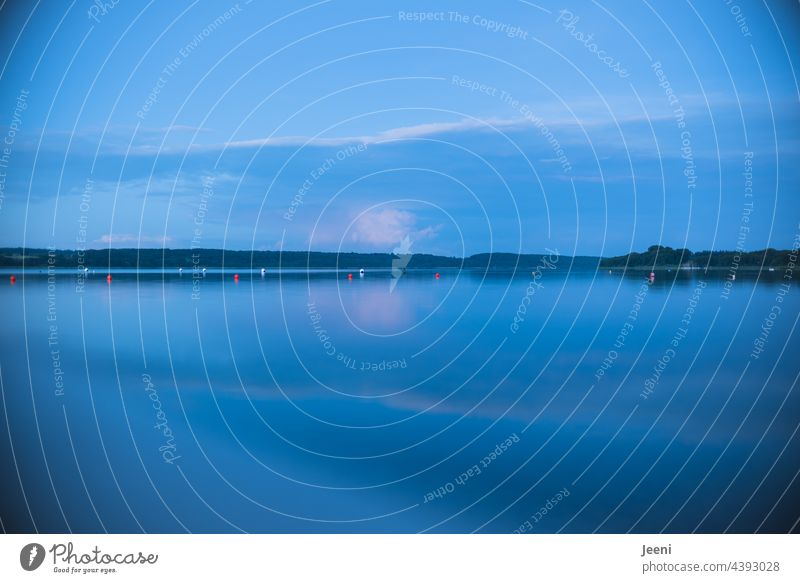 Stille blaue Stunde am See Seeufer Abend Abenddämmerung Wasser ruhig Stimmung Wolken Himmel Dämmerung Sonnenlicht Badesee Badeanstalt Abgrenzung Boje Bojen