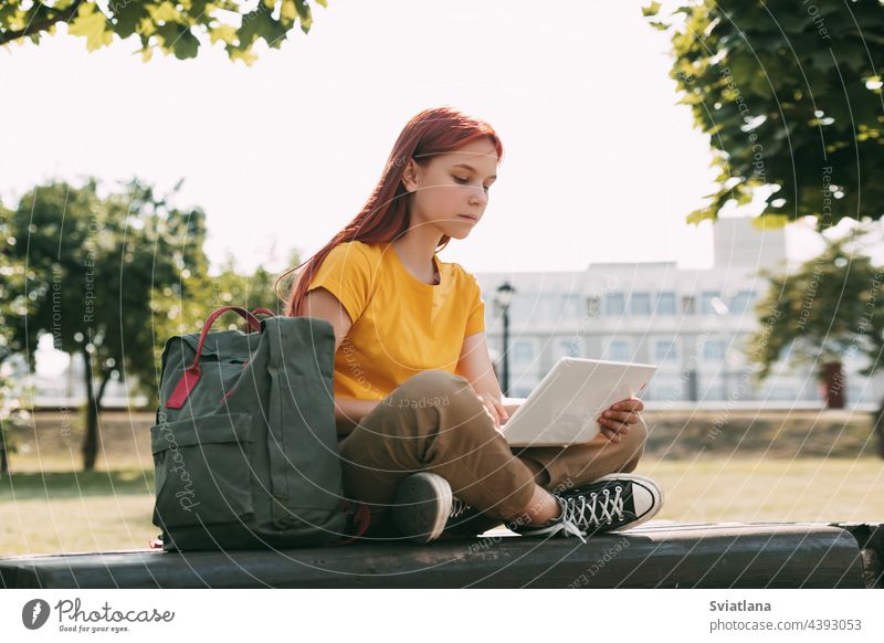 Ein junges Mädchen sitzt mit einem Laptop auf einer Parkbank und bereitet sich auf den Unterricht oder Prüfungen vor. Das Konzept der Ausbildung und Bildung